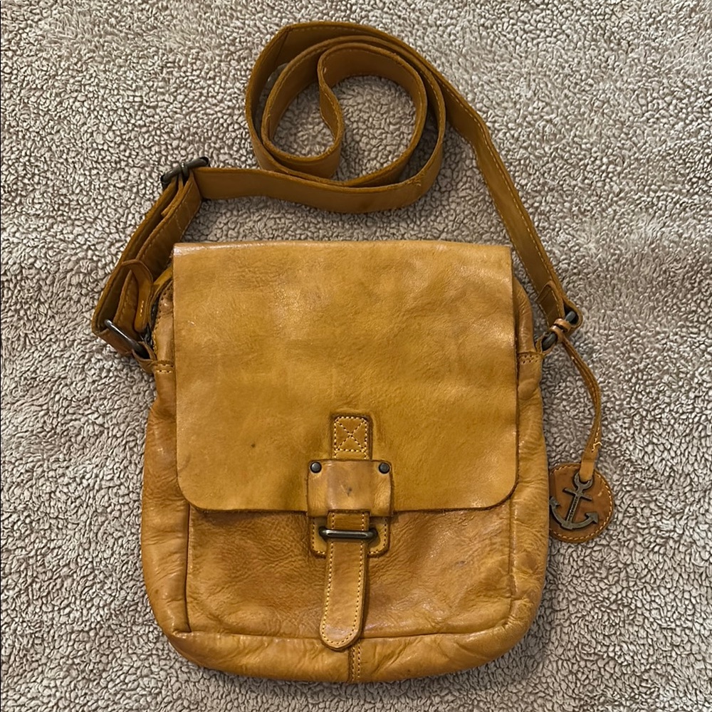 Tan Messenger Bag with Brass Hardware and Adjustable Strap